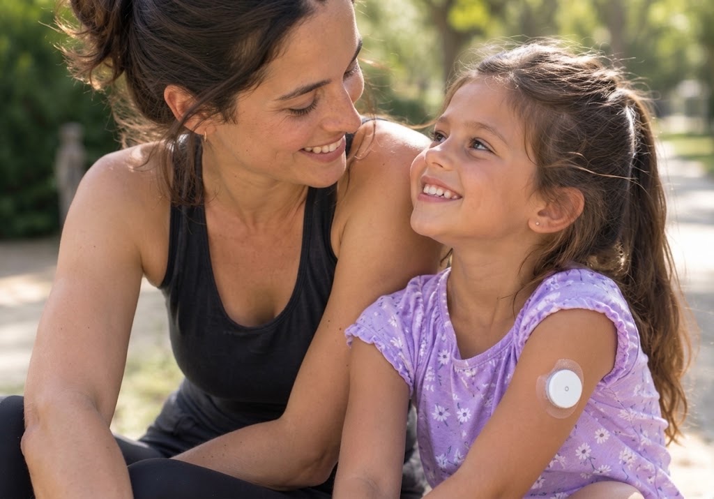 A mother and her daughter smiling at each other outdoors. The girl wears a round glucose sensor on her upper arm.