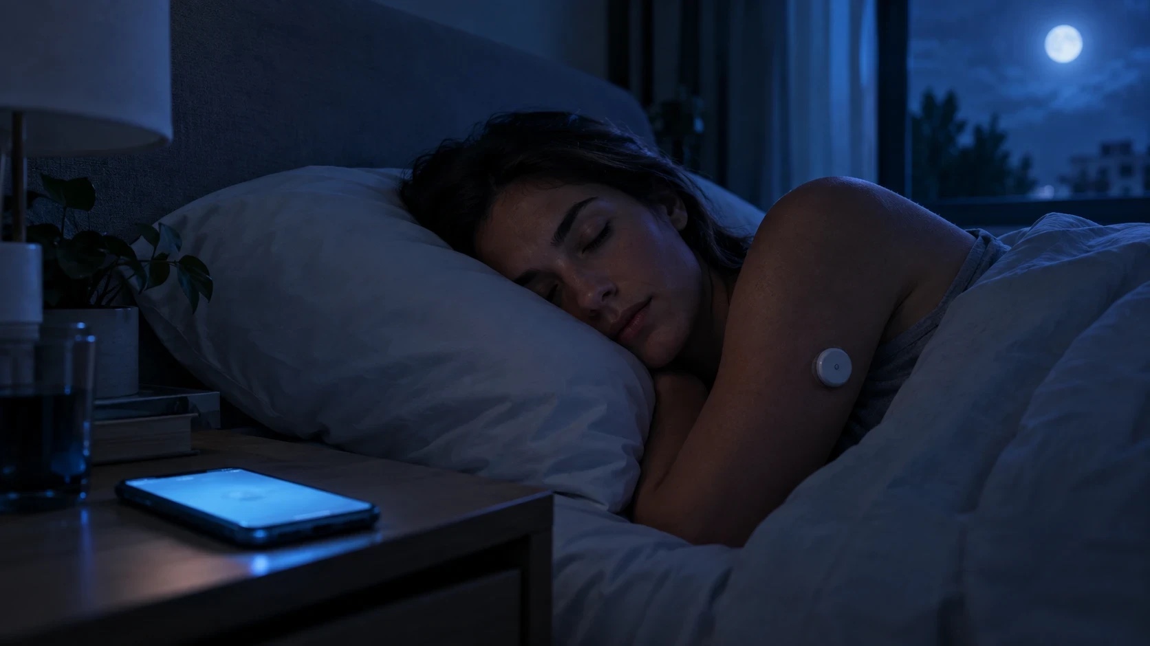 A woman asleep at night with a glucose sensor on her arm and her phone glowing softly on the nightstand.